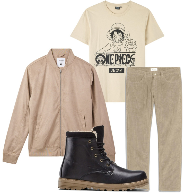 Outfit uomo - Tonalità neutre. Stile Casual per Tutti i giorni. Abbinamento con stivali e stivaletti, pantaloni, bomber, t-shirt.