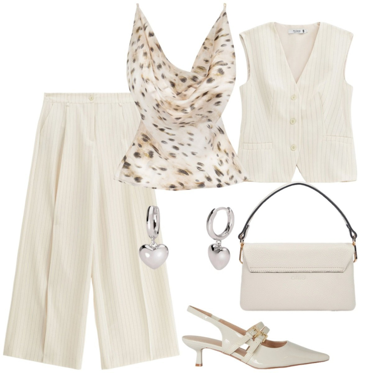 Outfit donna - Total look #2108446. Stile Chic per Cerimonia. Abbinamento con orecchini, top, pantaloni a palazzo, gilet, borse a tracolla, décolleté.