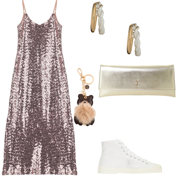 Outfit donna - Abito rosa con paillettes. Stile Glamour per Serata fuori. Abbinamento con vestiti, pochette, sneakers alte, orecchini, portachiavi.