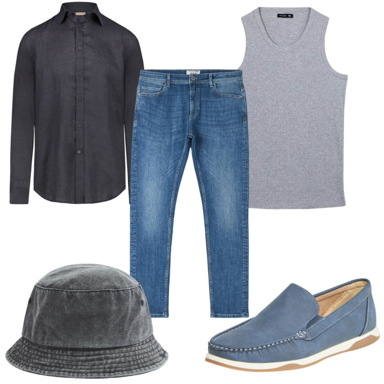 Outfit uomo - Total look #2108455. Stile Trendy per Tutti i giorni. Abbinamento con scarpe stringate, cappelli, canottiere, jeans skinny, camicie.