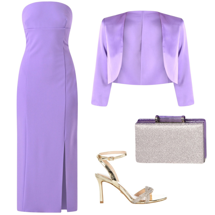 Outfit donna - Cerimonia in viola. Stile Chic per Cerimonia. Abbinamento con vestiti midi/longuette, sandali col tacco, pochette, bolero.