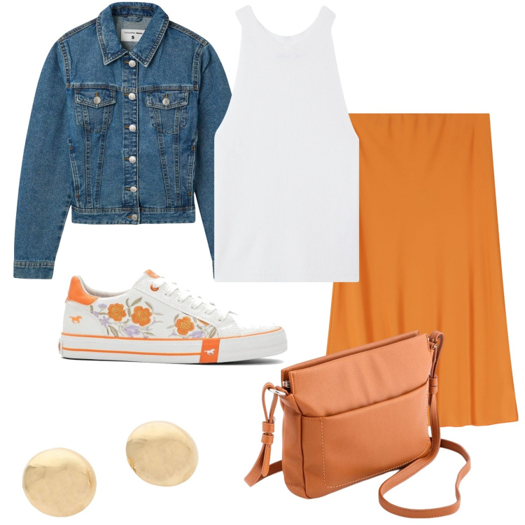 Outfit donna - Con la gonna lunga e sneaker. Stile Trendy per Tutti i giorni. Abbinamento con sneakers, top, blazer, gonne longuette, orecchini, borse a tracolla.