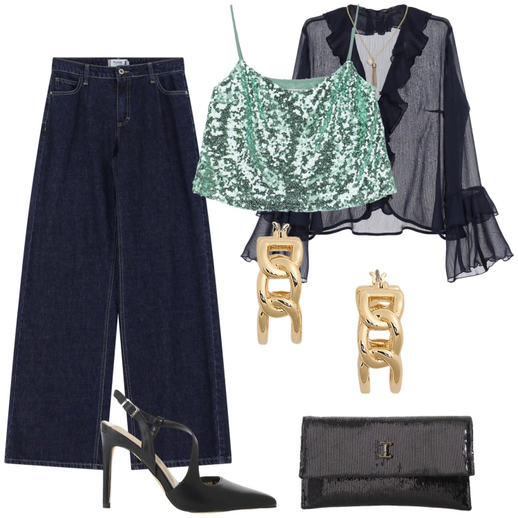 Outfit donna - Paillettes verdi. Stile Glamour per Serata fuori. Abbinamento con bluse, jeans a zampa, top, décolleté, borse a tracolla, orecchini.