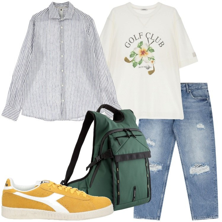 Outfit uomo - Camiceria oversize. Stile Casual per Tutti i giorni. Abbinamento con sneakers, t-shirt, camicie, jeans strappati, borse sportive.