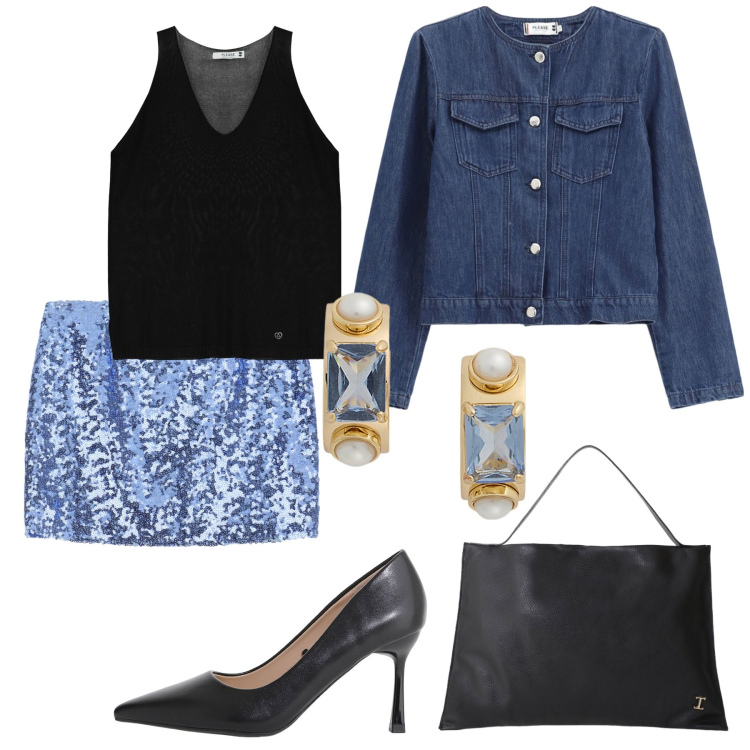 Outfit donna - Minigonna con paillettes. Stile Glamour per Serata fuori. Abbinamento con top, minigonne, blazer, décolleté, borse a spalla, orecchini.