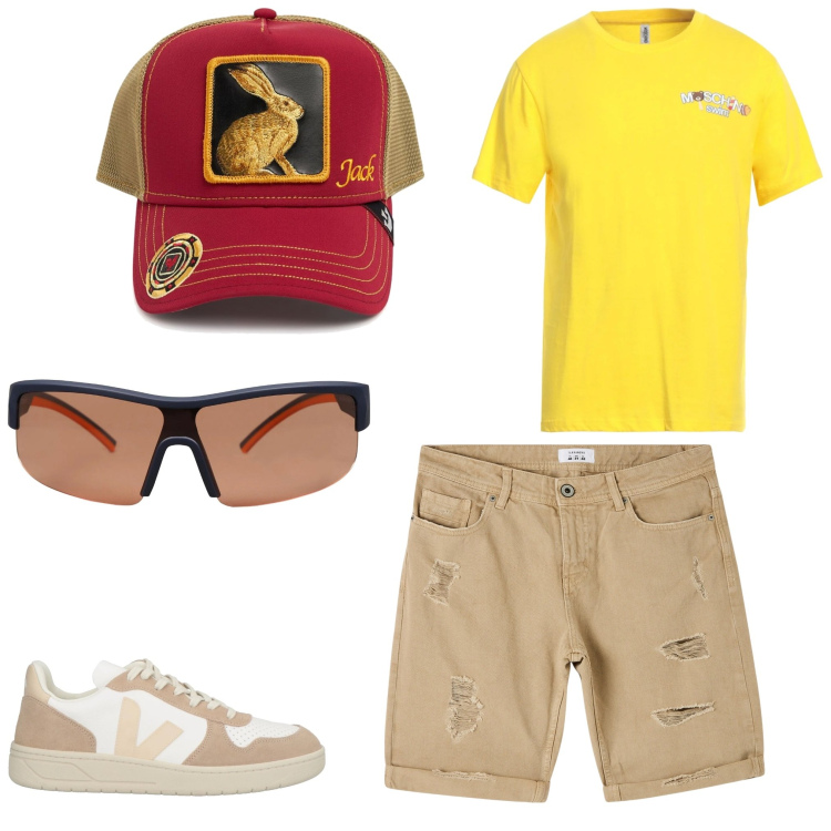 Outfit uomo - Sotto questo sole. Stile Casual per Tutti i giorni. Abbinamento con occhiali da sole, sneakers, t-shirt, bermuda, cappelli con visiera.
