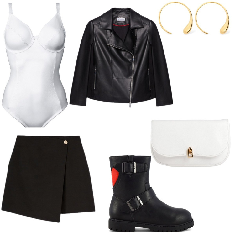 Outfit donna - b&w. Stile Casual per Serata fuori. Abbinamento con body, borse a mano, blazer, stivaletti, orecchini, minigonne.