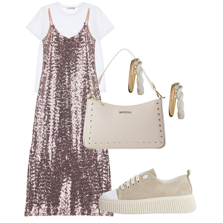 Outfit donna - Collezione Party by Please SS 2025. Stile Trendy per Tutti i giorni. Abbinamento con t-shirt, vestiti, sneakers, borse a spalla, orecchini.