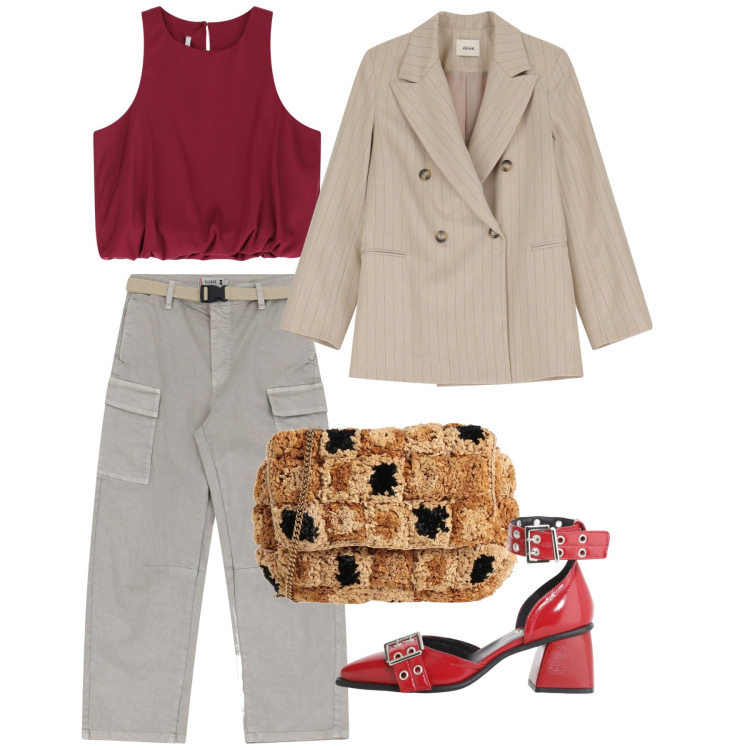 Outfit donna - Aperitivo. Stile Chic per Tutti i giorni. Abbinamento con borse a tracolla, pantaloni chino, top, décolleté, blazer.