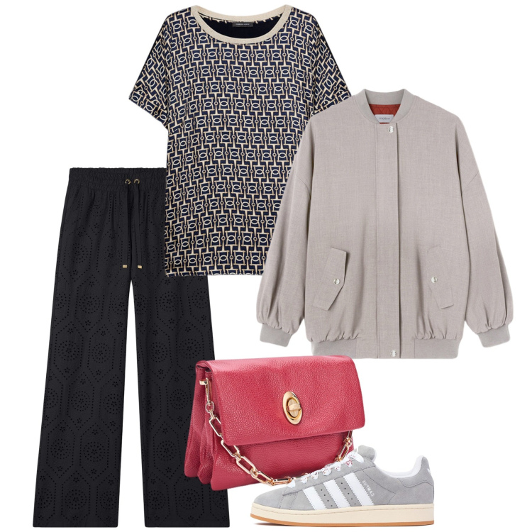 Outfit donna - Aprile. Stile Basic per Tutti i giorni. Abbinamento con pantaloni, t-shirt, borse a tracolla, bomber, sneakers.