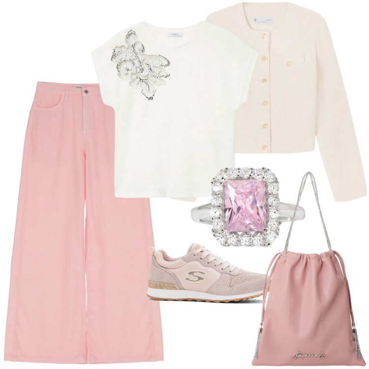 Outfit donna - Total look #2108496. Stile Romantica per Tutti i giorni. Abbinamento con sneakers, anelli, borse a secchiello, pantaloni, blazer, t-shirt.