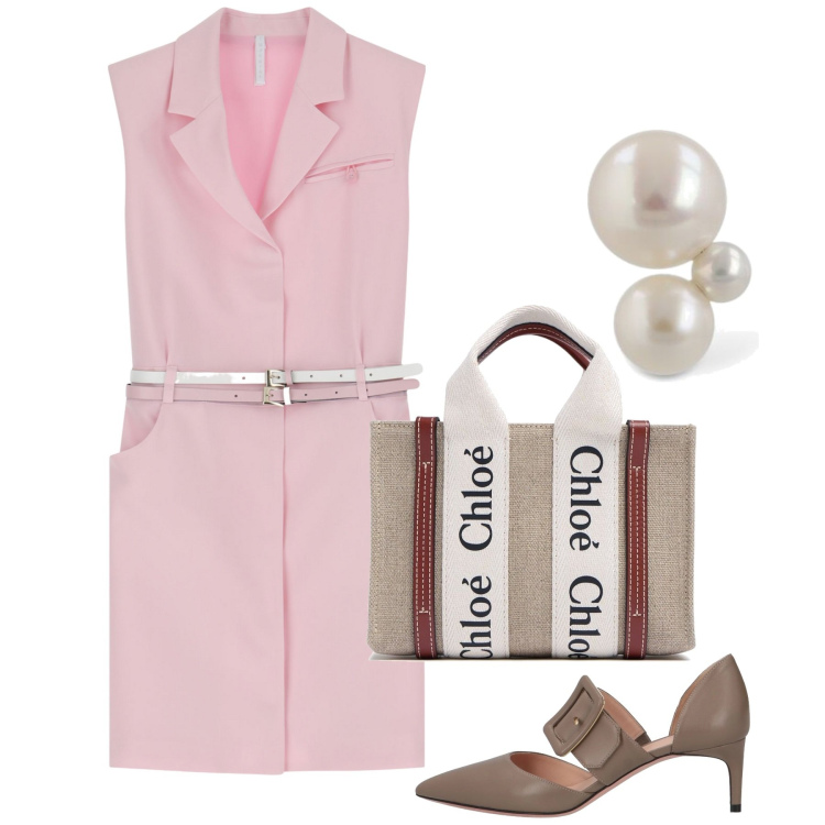 Outfit donna - Rosa chic. Stile Chic per Ufficio. Abbinamento con décolleté, vestiti corti, orecchini, borse a mano.