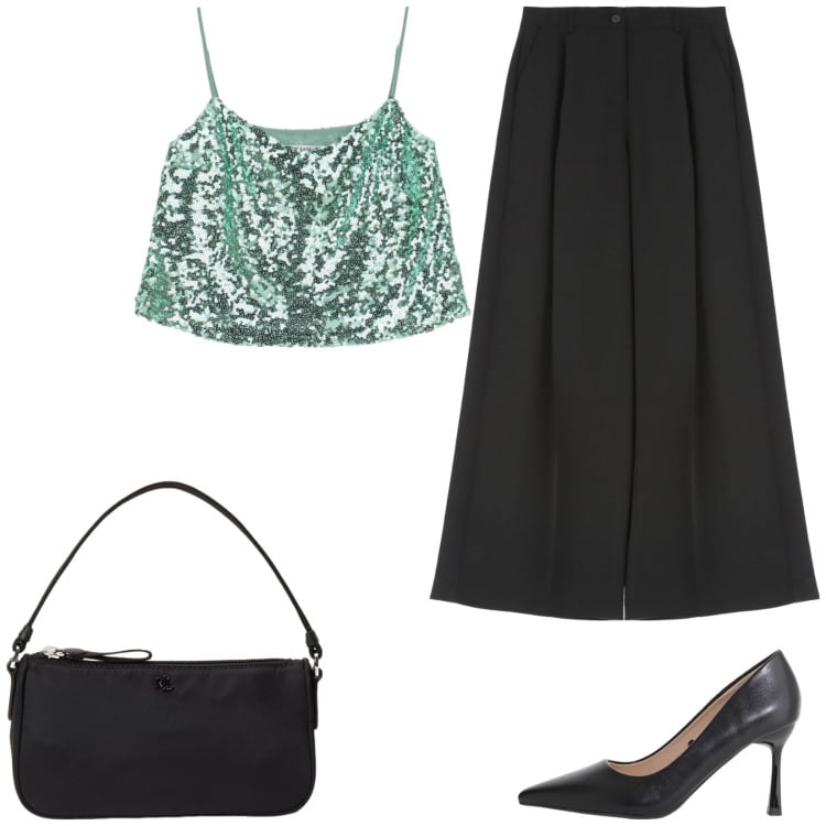 Outfit donna - Collezione Party by Please SS 2025. Stile Glamour per Serata fuori. Abbinamento con pantaloni a palazzo, top, décolleté, pochette.