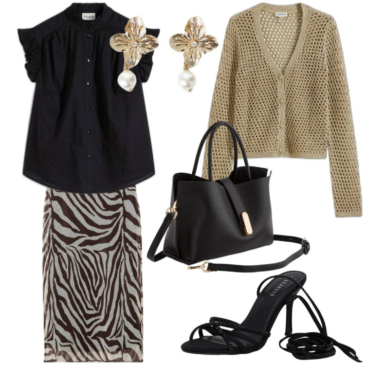 Outfit donna - Cena fuori. Stile Casual chic per Serata fuori. Abbinamento con bluse, cardigans, gonne lunghe, sandali alla schiava, orecchini, borse a mano.