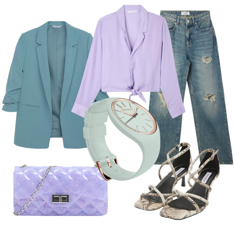 Outfit donna - Lilla. Stile Romantica per Tutti i giorni. Abbinamento con camicie, sandali col tacco, borse a tracolla, blazer, jeans strappati, orologi.