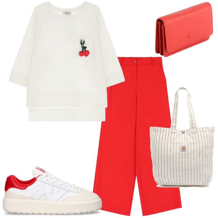 Outfit donna - Casual style. Stile Casual per Scuola/Università. Abbinamento con pantaloni a palazzo, felpe, sneakers, borse tote, portafogli.