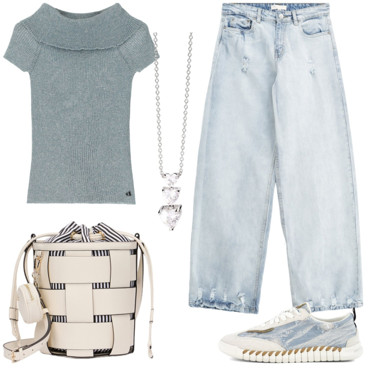 Outfit donna - Tempo libero. Stile Casual per Tutti i giorni. Abbinamento con collane, jeans, pullovers, sneakers, borse a secchiello.