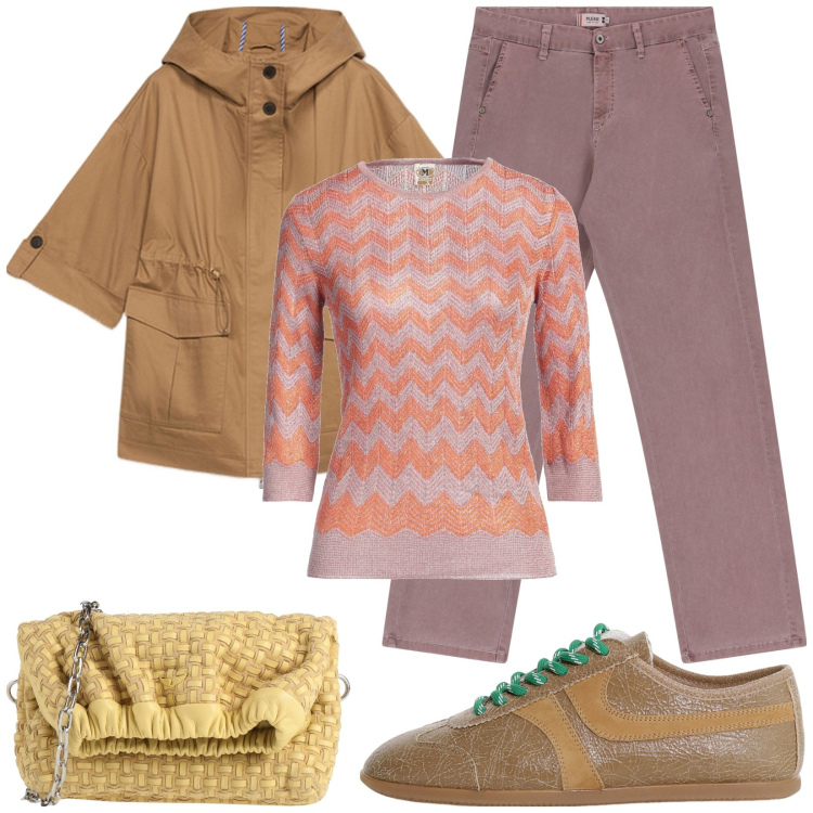 Outfit donna - Giorno di pioggia. Stile Casual per Tutti i giorni. Abbinamento con pullovers, borse a tracolla, jeans dritti, sneakers, parka.