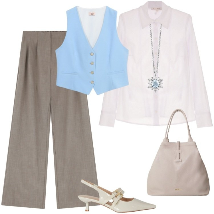 Outfit donna - Total look #2108555. Stile Casual chic per Ufficio. Abbinamento con camicie, pantaloni, collane, borse tote, décolleté, gilet.