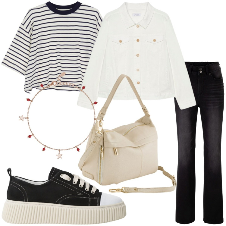 Outfit donna - Viva le righe. Stile Casual per Tutti i giorni. Abbinamento con jeans bootcut, braccialetti con ciondoli, sneakers, t-shirt, blazer, borse a tracolla.