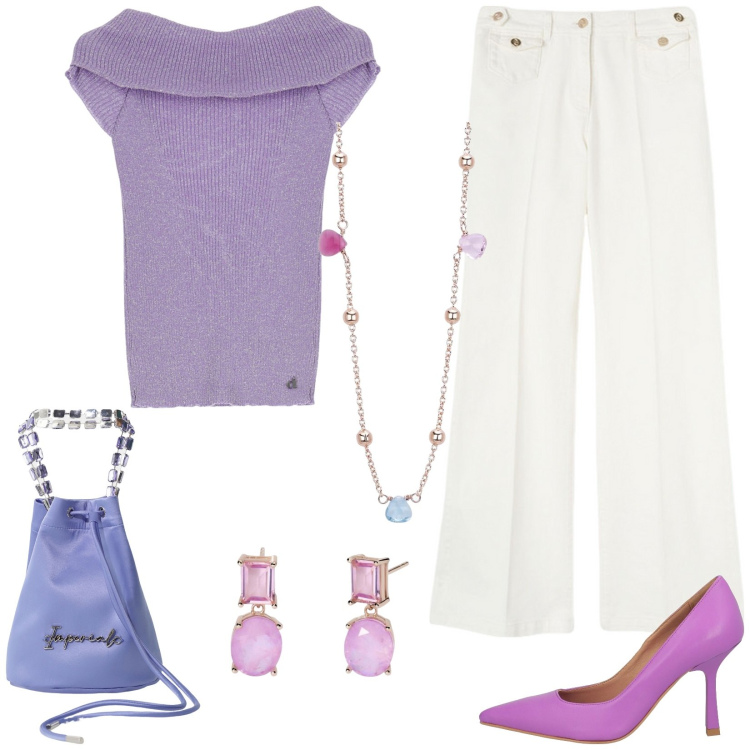 Outfit donna - Sfumature primaverili. Stile Casual chic per Tutti i giorni. Abbinamento con décolleté, collane, orecchini, borse a secchiello, pullovers, pantaloni.