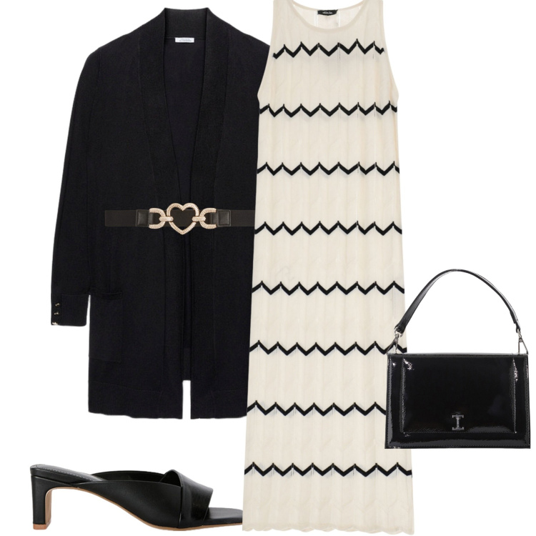 Outfit donna - Vestito tricot. Stile Casual chic per Serata fuori. Abbinamento con cinture, borse a tracolla, vestiti lunghi, cardigans, sabot.