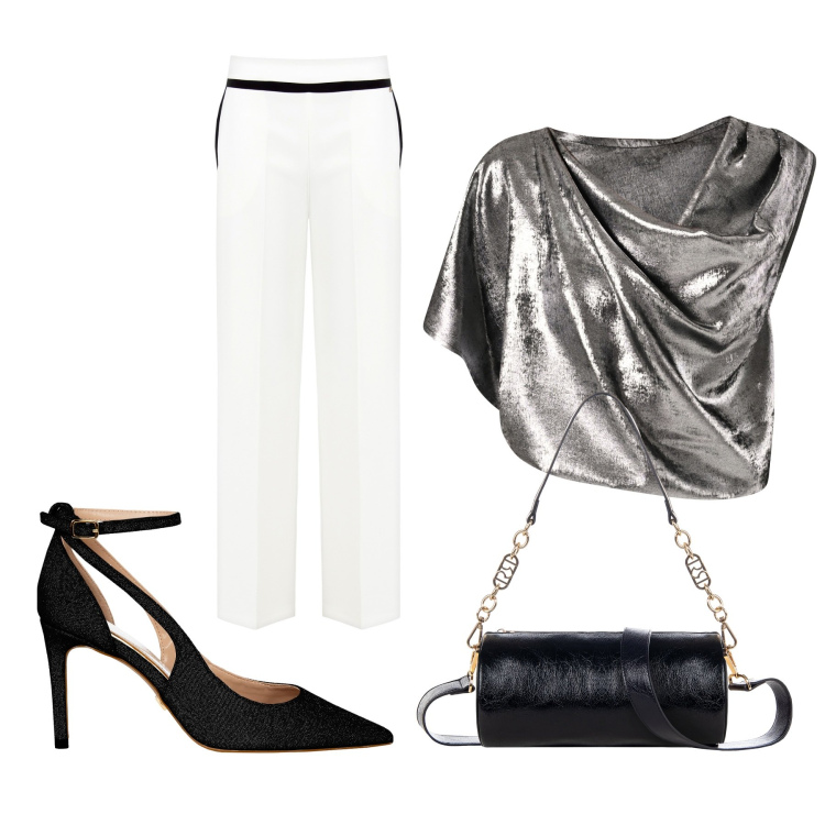 Outfit donna - Total look #2108562. Stile Chic per Cerimonia. Abbinamento con bluse, pantaloni a palazzo, borse a mano, décolleté.