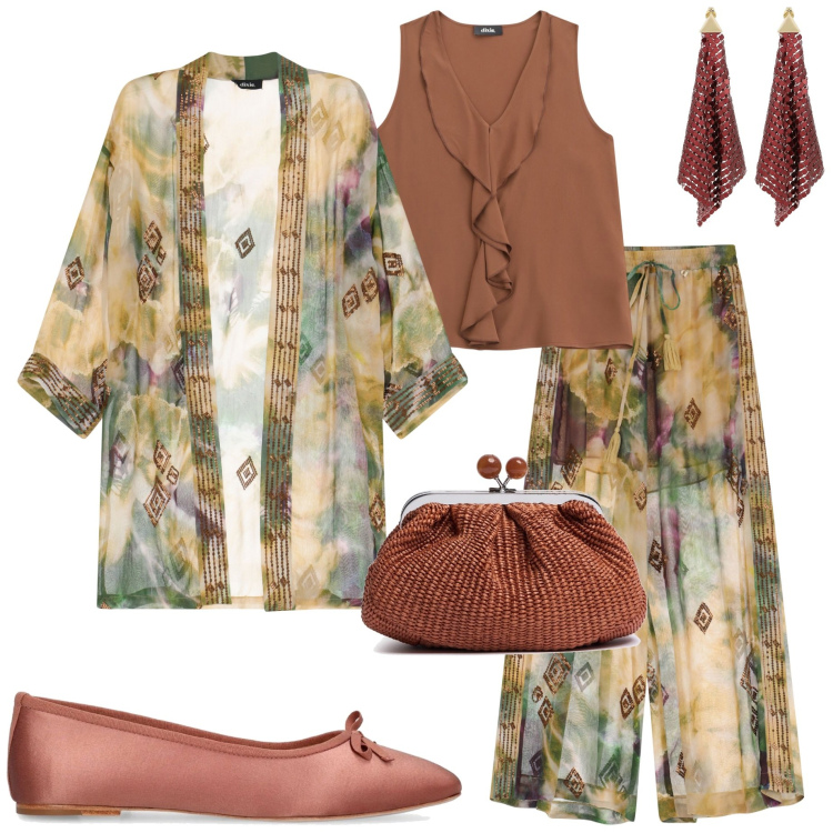 Outfit donna - Cerimonia. Stile Chic per Cerimonia. Abbinamento con pantaloni a palazzo, top, trench, pochette, ballerine, orecchini.
