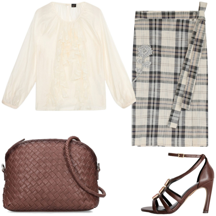 Outfit donna - Longuette a scacchi. Stile Casual chic per Tutti i giorni. Abbinamento con gonne longuette, borse a spalla, sandali gioiello, bluse.