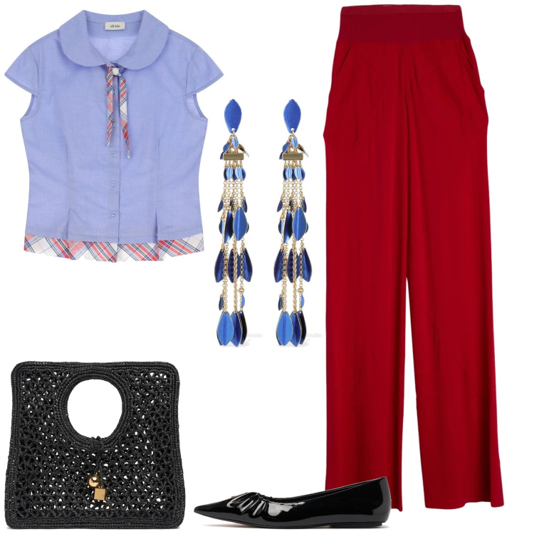 Outfit donna - Easy glamour. Stile Glamour per Tutti i giorni. Abbinamento con pantaloni, camicie a manica corta, orecchini, ballerine, shopping bag.