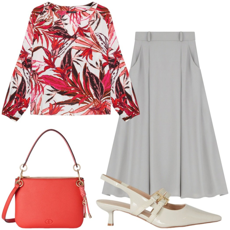 Outfit donna - Outfit sera. Stile Casual chic per Serata fuori. Abbinamento con gonne lunghe, bluse, borse a tracolla, décolleté.