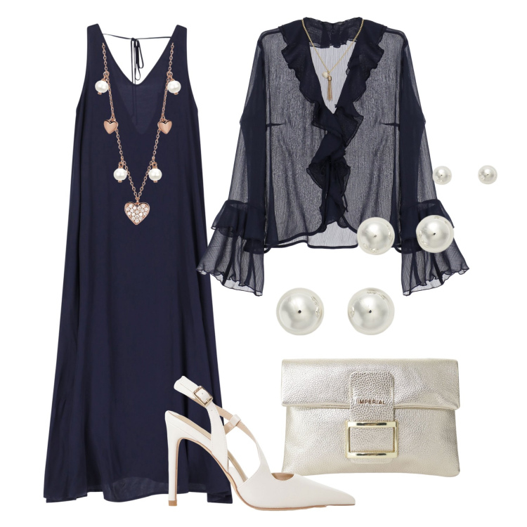 Outfit donna - Blu notte, trasparenze e glitter. Stile Chic per Cerimonia. Abbinamento con collane, vestiti lunghi, bluse, décolleté, pochette, orecchini.