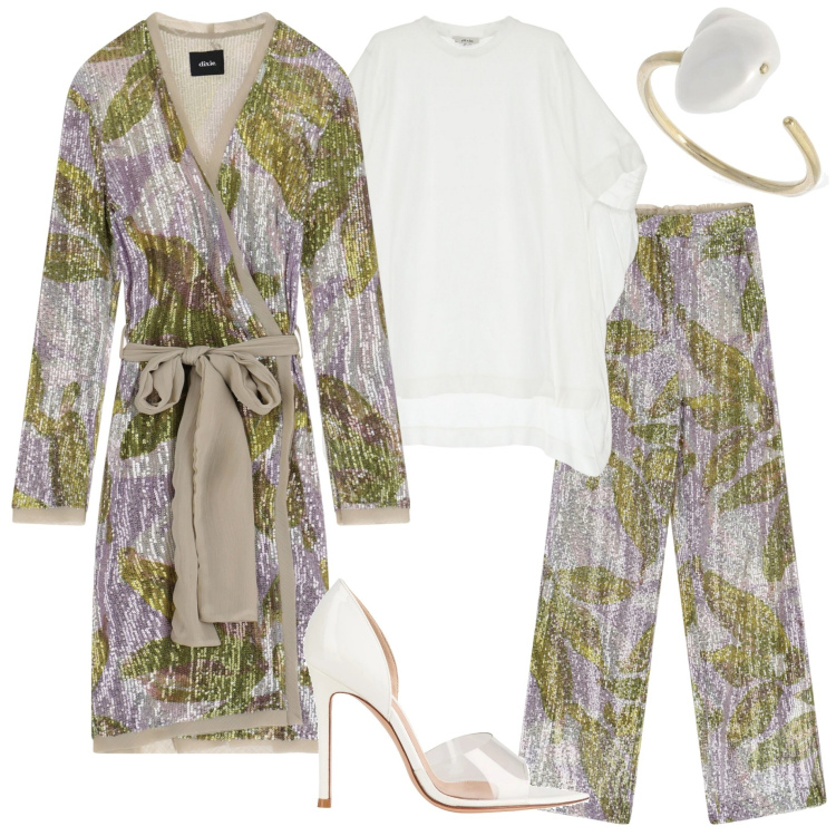 Outfit donna - Super brillantinosa. Stile Chic per Serata fuori. Abbinamento con décolleté, trench, pantaloni a palazzo, t-shirt, anelli.