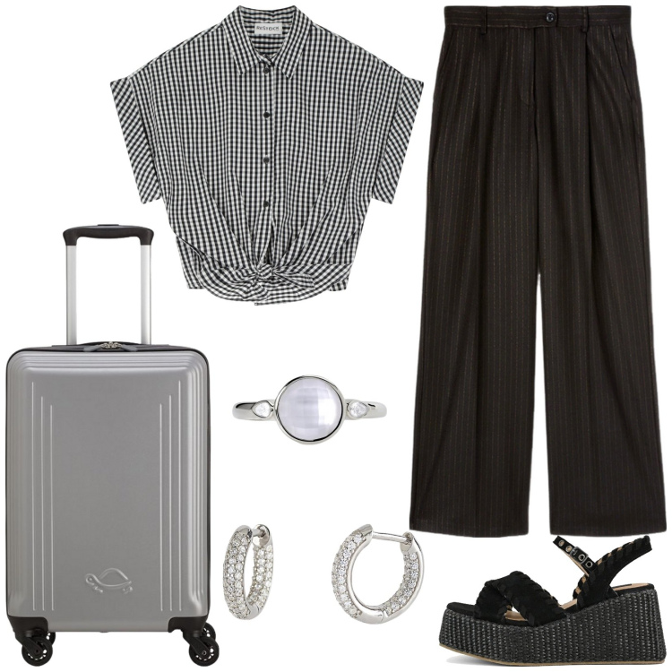 Outfit donna - Travel look. Stile Casual per Tutti i giorni. Abbinamento con orecchini, anelli, camicie, zeppe, valigie, pantaloni.