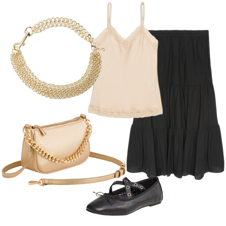 Outfit donna - Catena dorata. Stile Etnico per Serata fuori. Abbinamento con ballerine, collane, borse a tracolla, gonne lunghe, top.