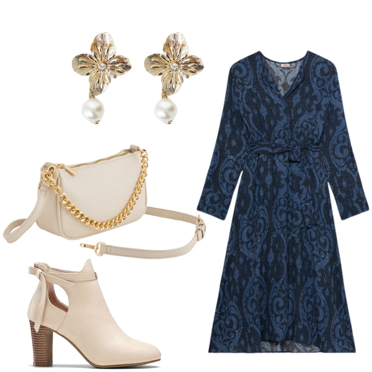 Outfit donna - Abito blu damascato. Stile Glamour per Serata fuori. Abbinamento con stivaletti, orecchini, vestiti midi/longuette, borse a tracolla.