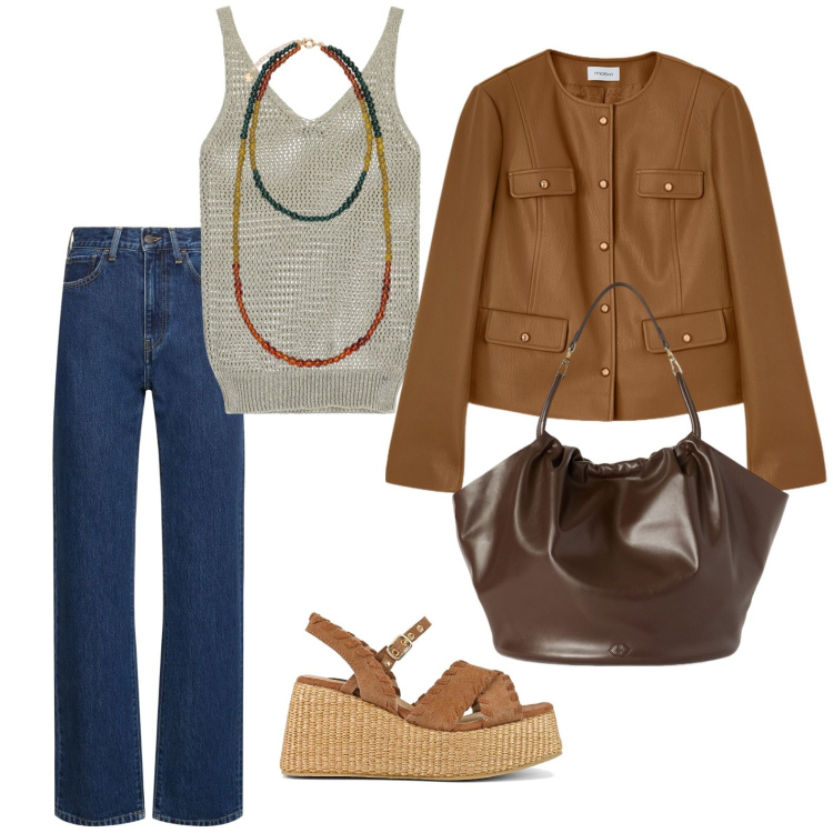 Outfit donna - Total look #2108585. Stile Urban per Scuola/Università. Abbinamento con canottiere, zeppe, jeans dritti, blazer, borse a secchiello, ciondoli.