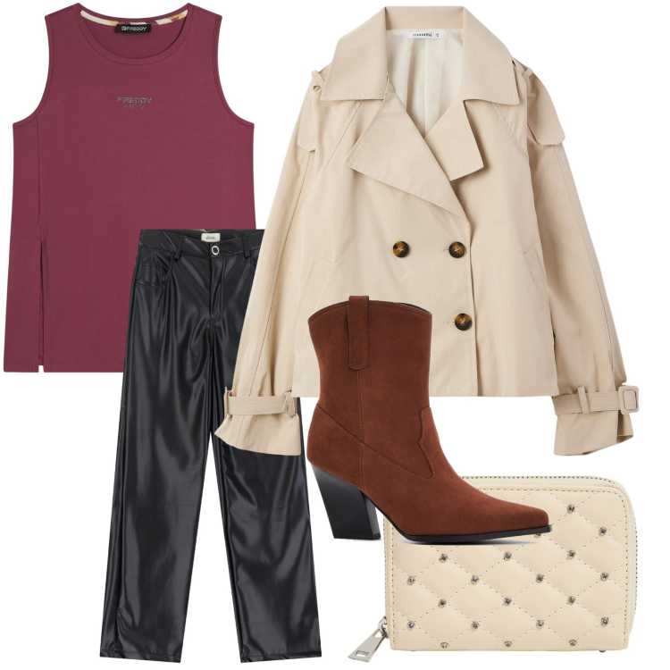 Outfit donna - Canotta must have. Stile Glamour per Tutti i giorni. Abbinamento con stivaletti texani, portafogli, trench, canottiere, pantaloni.