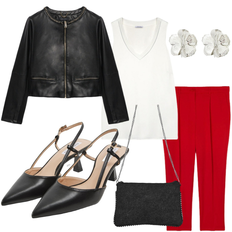 Outfit donna - L\'orecchino a fiore. Stile Casual chic per Serata fuori. Abbinamento con sabot, borse a tracolla, orecchini, top, blazer, pantaloni.