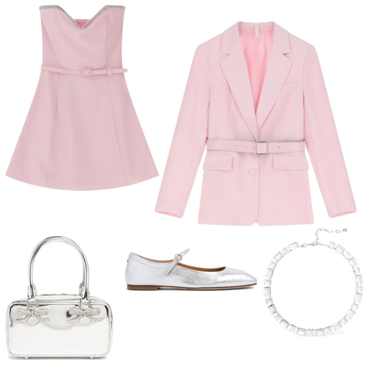 Outfit donna - Rosa e argento. Stile Bon Ton per Cerimonia. Abbinamento con vestiti corti, blazer, borse a mano, ballerine, collane.