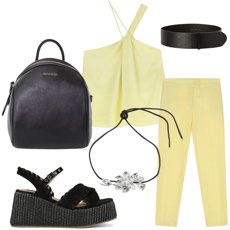 Outfit donna - Top essenziale. Stile Minimal per Tutti i giorni. Abbinamento con pantaloni, zaini, top, collane, zeppe, cinture.