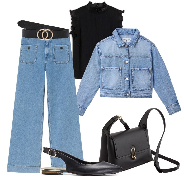 Outfit donna - Volant, ballerine e denim. Stile Sporty chic per Tutti i giorni. Abbinamento con ballerine, bluse, jeans, cinture, cappotti, borse a tracolla.