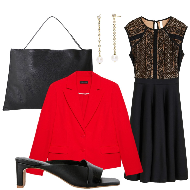 Outfit donna - Serata glam. Stile Chic per Serata fuori. Abbinamento con vestiti, orecchini, borse a spalla, blazer, sabot.