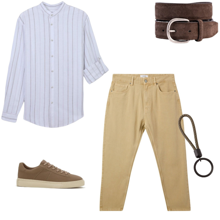Outfit uomo - Pantaloni cropped must have. Stile Casual Abbinamento con sneakers, pantaloni, camicie, cinture, portachiavi.