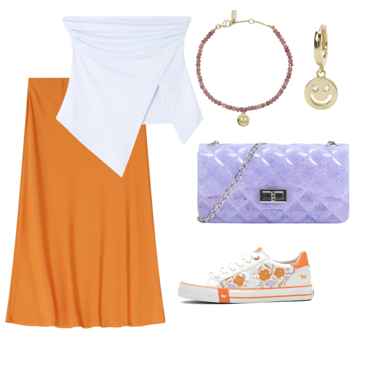 Outfit donna - Colori d\'estate. Stile Casual per Tutti i giorni. Abbinamento con sneakers, top, borse a tracolla, orecchini, braccialetti, gonne longuette.