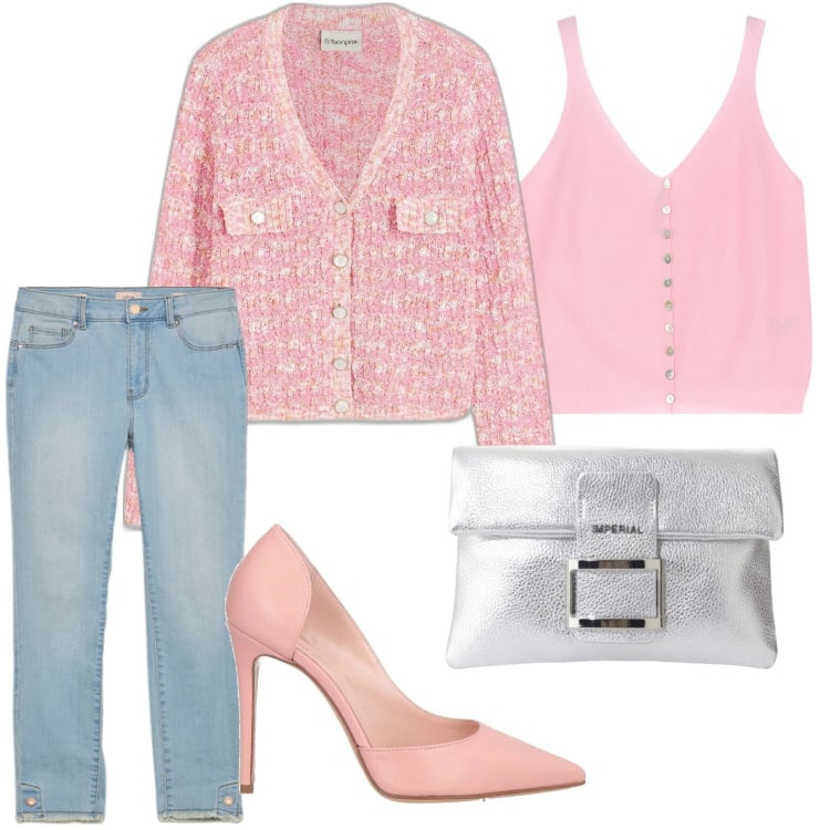 Outfit donna - Serata bon ton. Stile Bon Ton per Serata fuori. Abbinamento con décolleté, cardigans, pochette, top, jeans skinny.