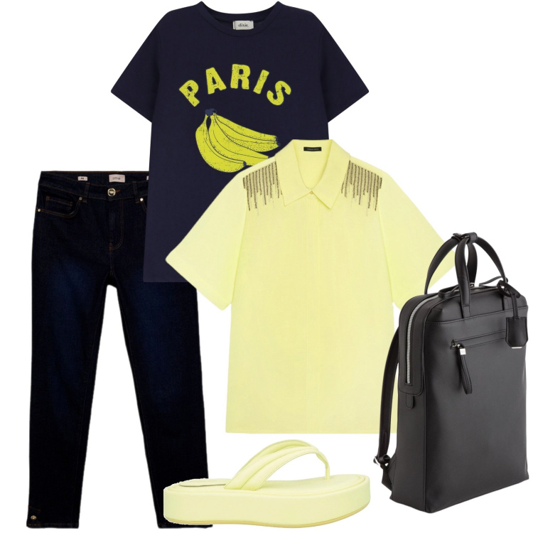 Outfit donna - T-shirt messagge. Stile Casual per Scuola/Università. Abbinamento con ciabatte, t-shirt, camicie a manica corta, zaini, jeans skinny.