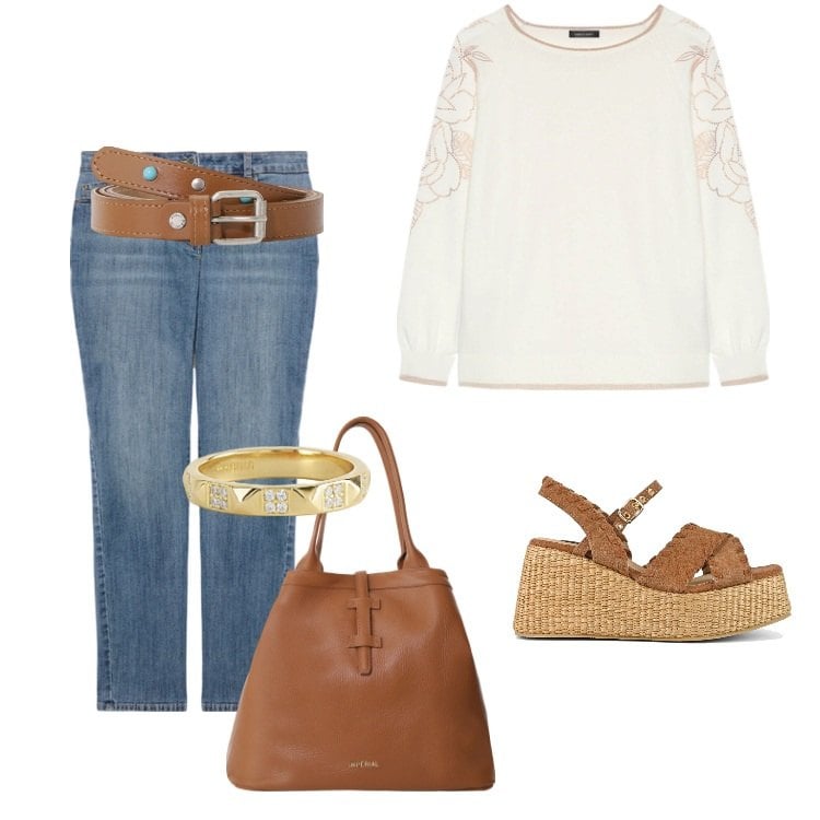 Outfit donna - Total look #2108624. Stile Basic per Tutti i giorni. Abbinamento con anelli, borse tote, cinture, maglieria, zeppe, jeans skinny.