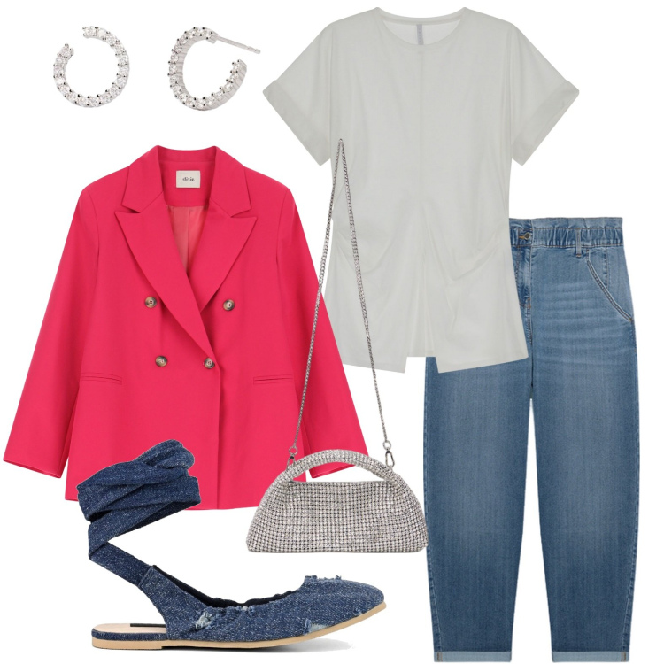 Outfit donna - Blazer e ballerine. Stile Minimal per Tutti i giorni. Abbinamento con orecchini, t-shirt, blazer, ballerine, jeans, clutch.