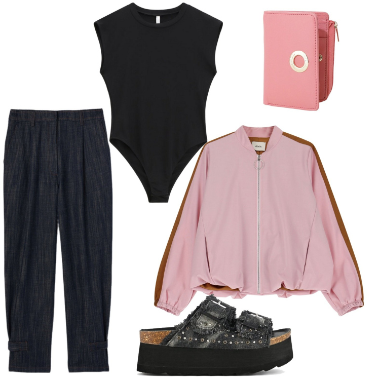 Outfit donna - Norberto eclettico. Stile Casual per Tutti i giorni. Abbinamento con portafogli, top, bomber, zeppe, jeans.